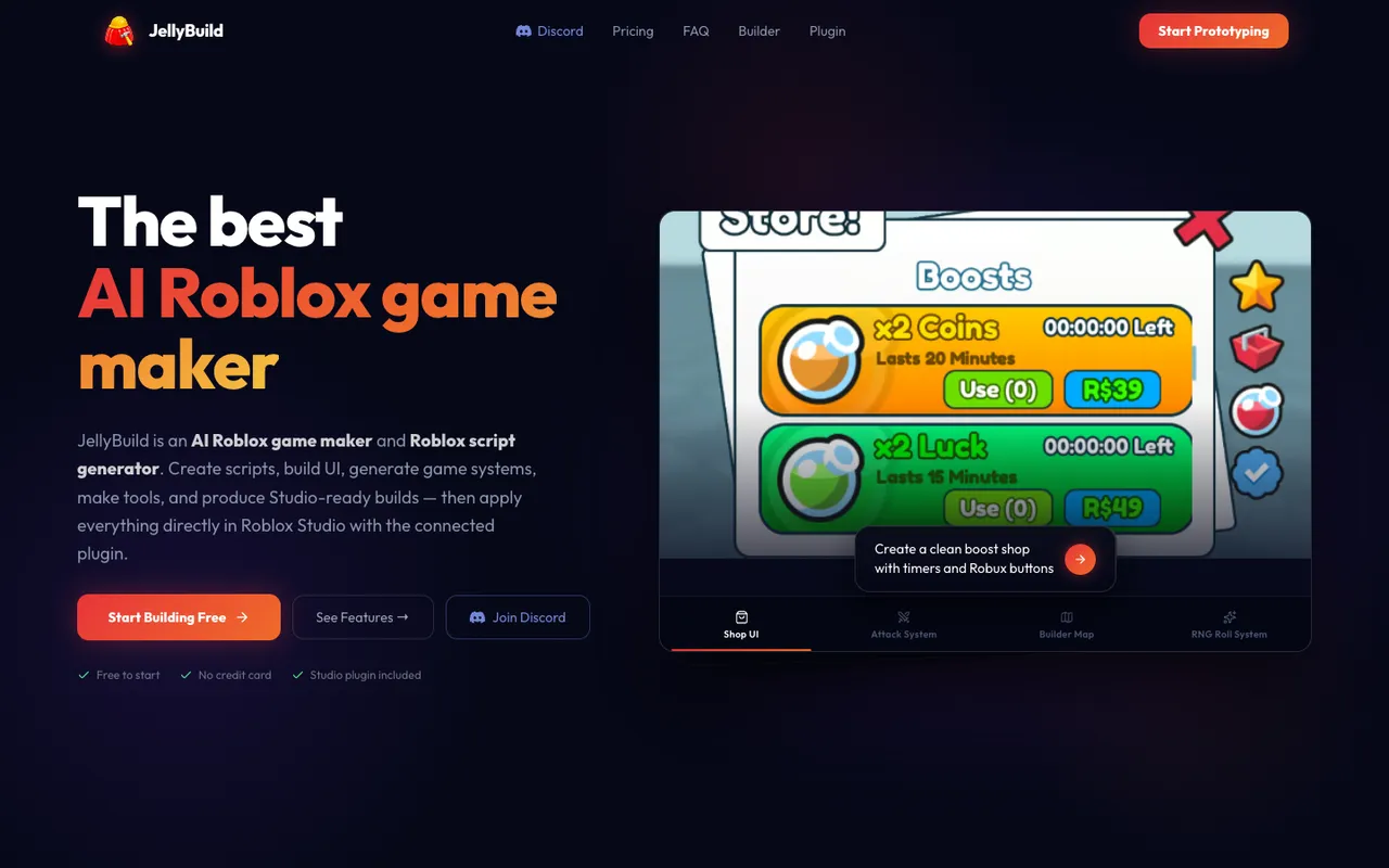 JellyBuild homepage, an AI Roblox game maker and script generator