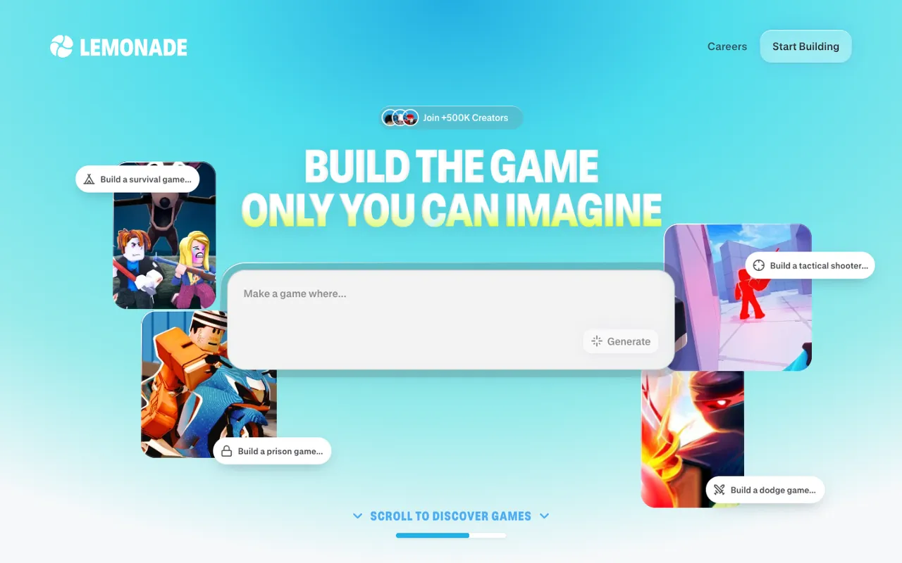 Lemonade homepage: build the game only you can imagine