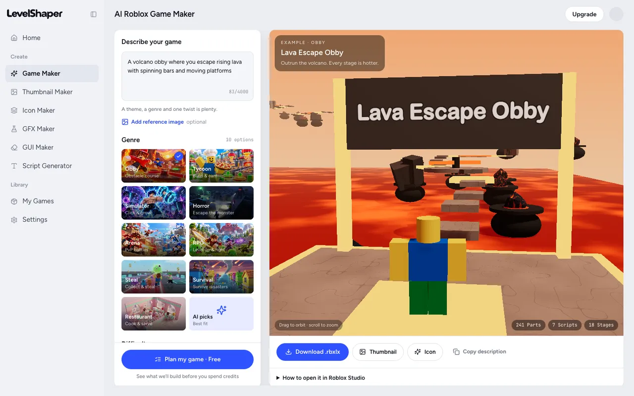 LevelShaper Roblox AI game maker showing a lava escape obby in the 3D preview with a Download .rbxlx button