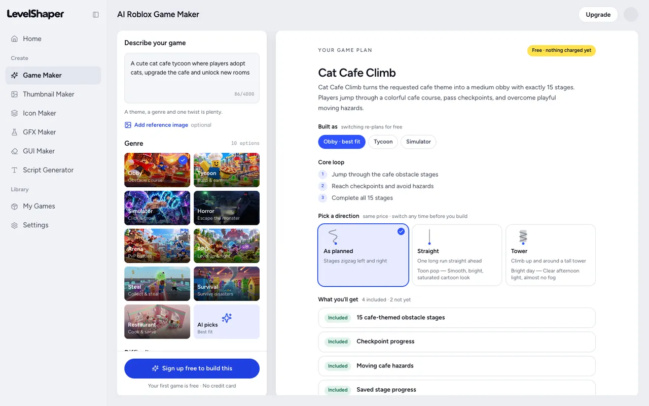 LevelShaper game plan for a cat cafe tycoon, listing the core loop and which features are included before any credits are spent