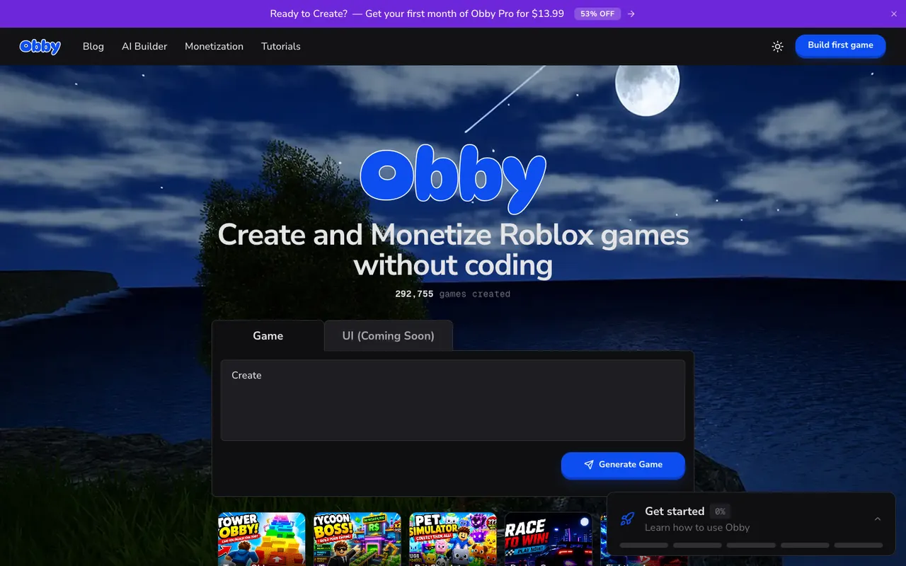 Obby.fun homepage: create and monetize Roblox games without coding