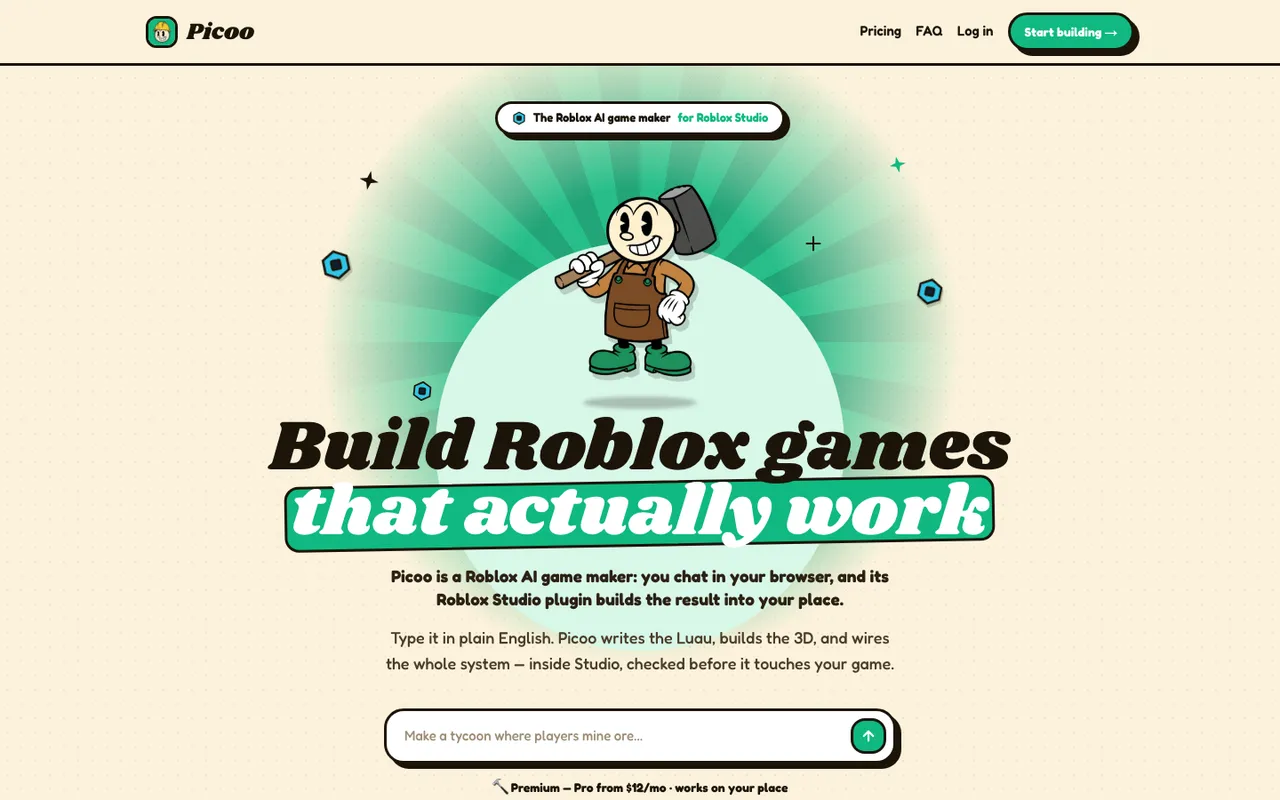 Picoo homepage: build Roblox games that actually work