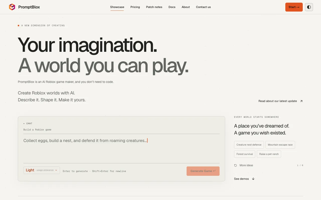 PromptBlox homepage, an AI Roblox game maker with a chat box to describe a world