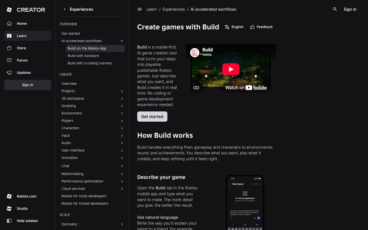 Roblox Build documentation on the Roblox Creator Hub