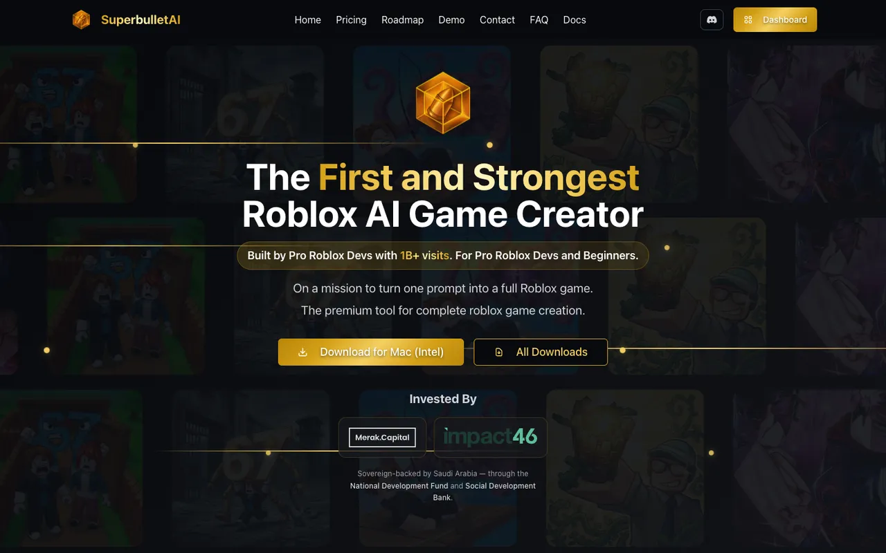 SuperbulletAI homepage: the first and strongest Roblox AI game creator
