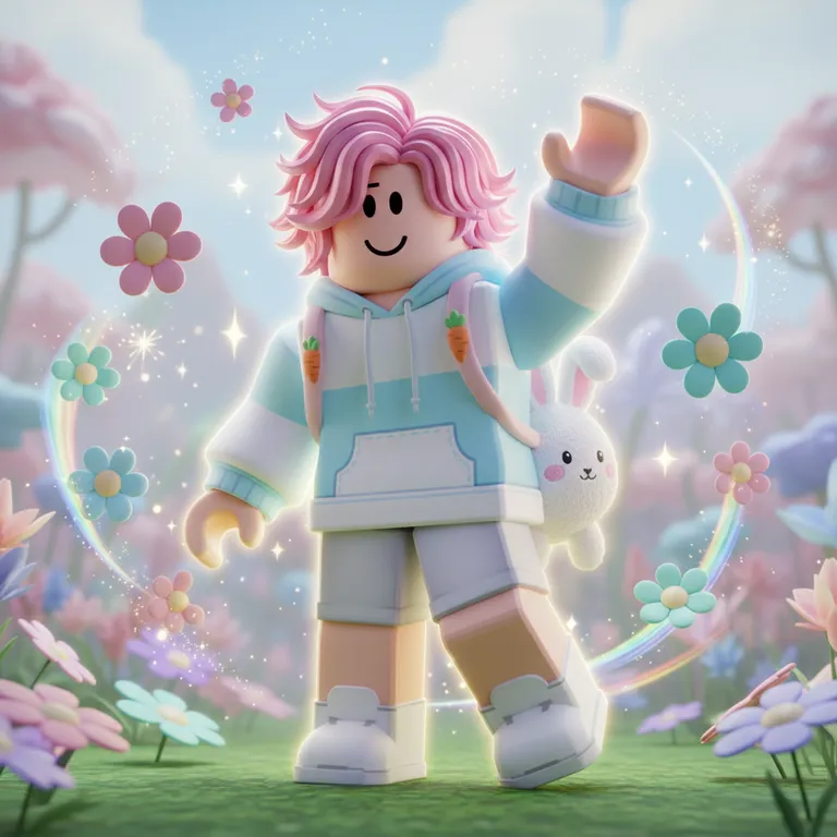 Pastel Roblox PFP of an avatar with pink hair waving