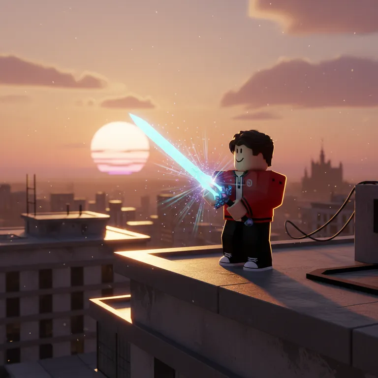Cinematic Roblox GFX of an avatar with a glowing sword on a rooftop