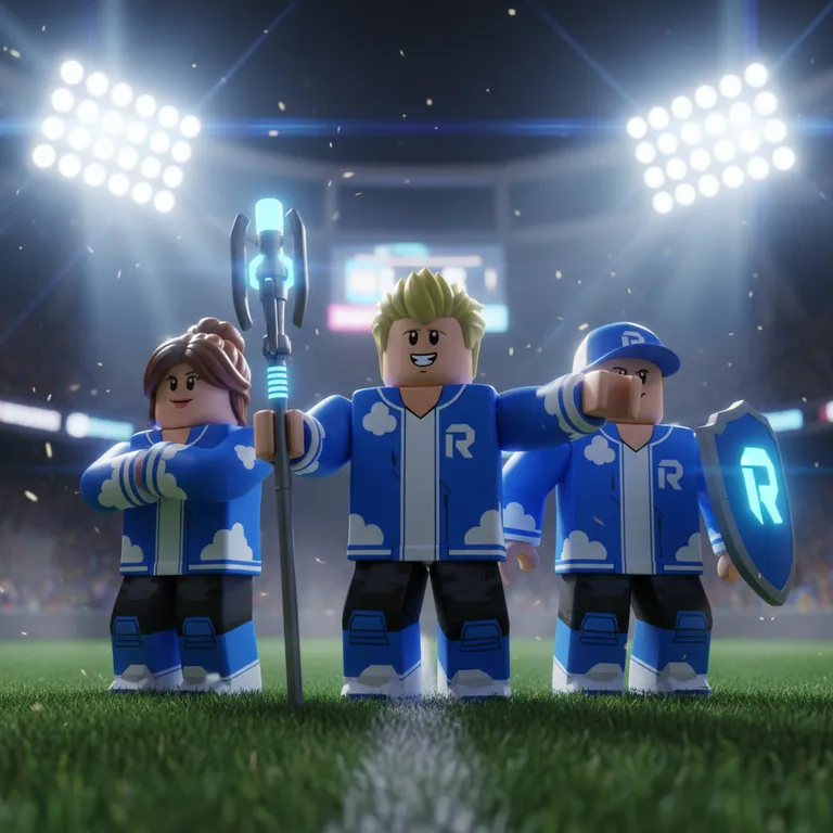 Cinematic Roblox group GFX of three avatars in team jackets