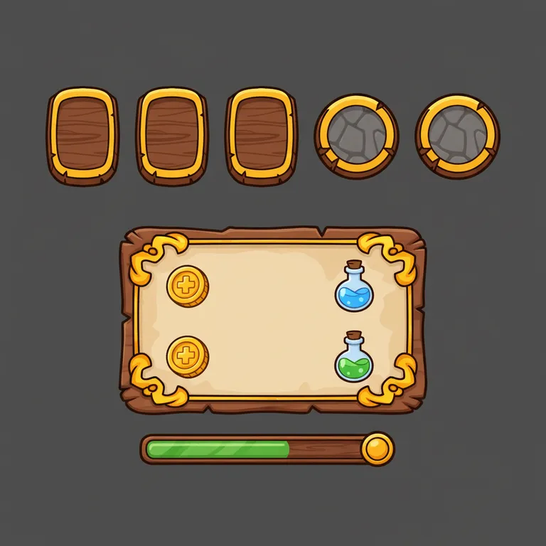 Medieval Roblox GUI kit with wooden buttons and a parchment panel