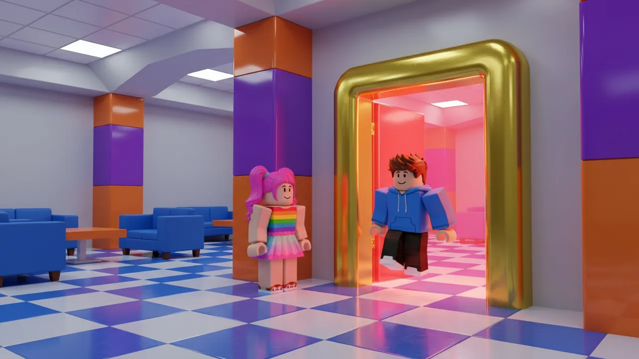 A glowing VIP game pass door in a Roblox lobby