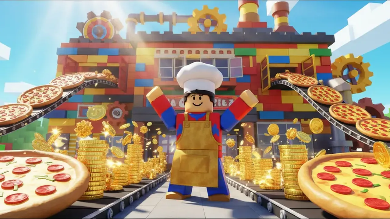 AI Roblox thumbnail of a pizza factory tycoon with coins bursting out