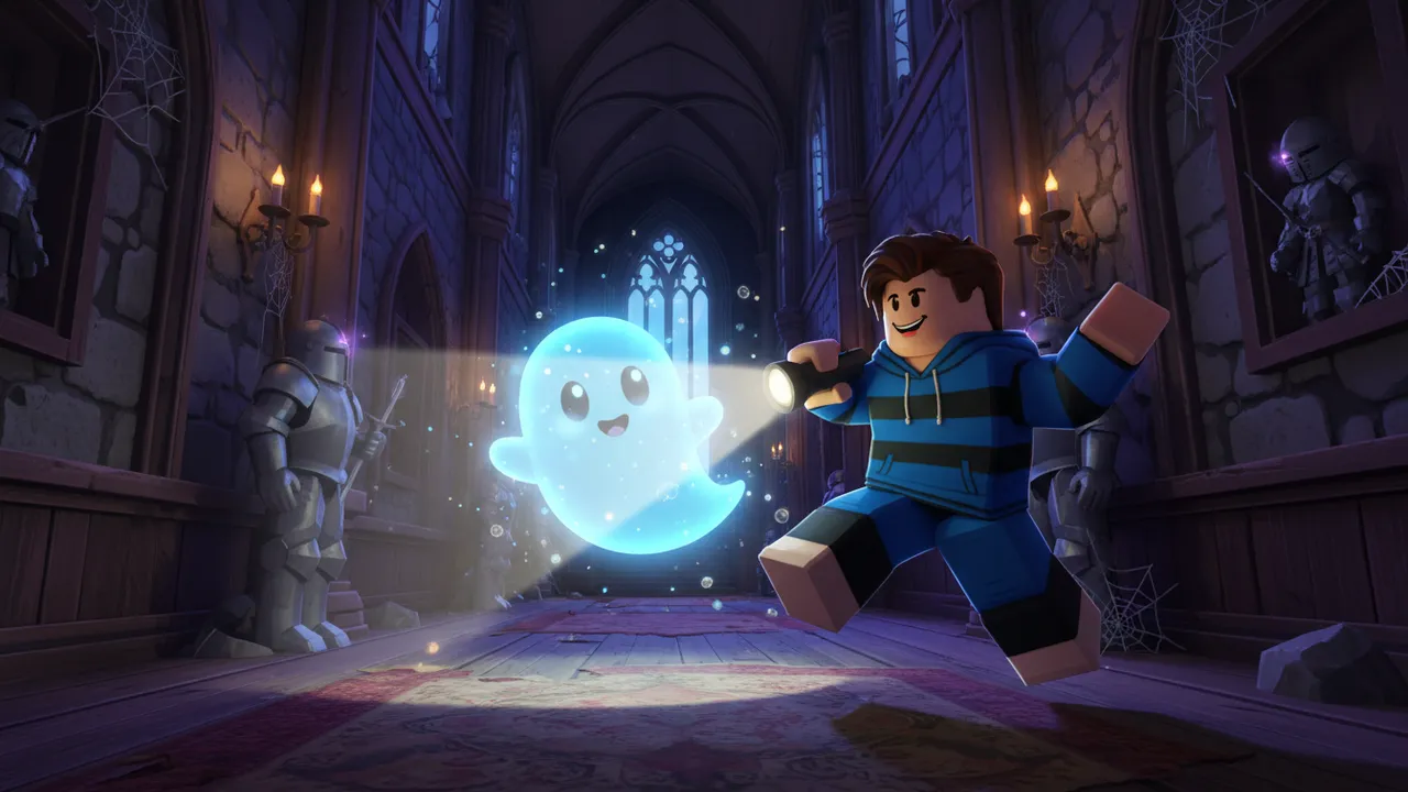 AI Roblox game thumbnail of a player and a cute ghost in a haunted mansion