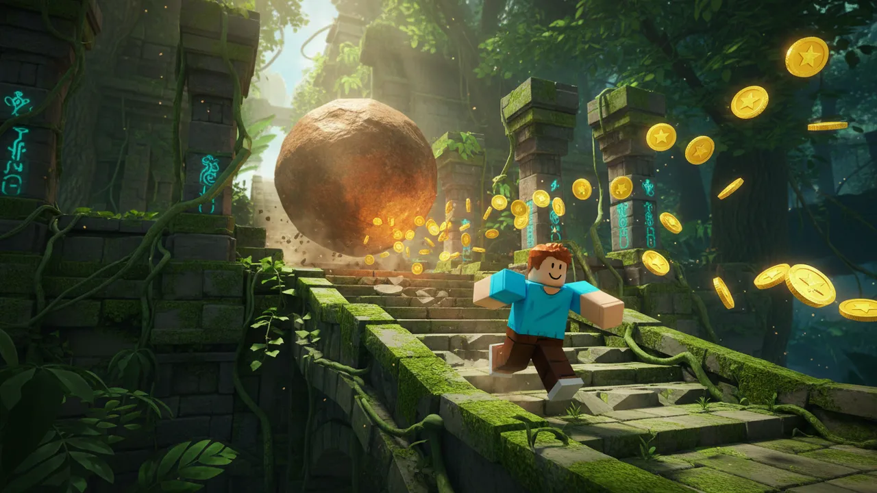 Action style Roblox thumbnail: player escaping a rolling boulder