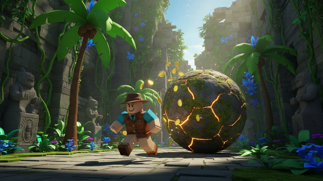 Cinematic style Roblox thumbnail of a jungle temple escape