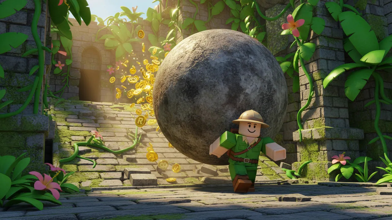 Cute style Roblox thumbnail of a temple chase
