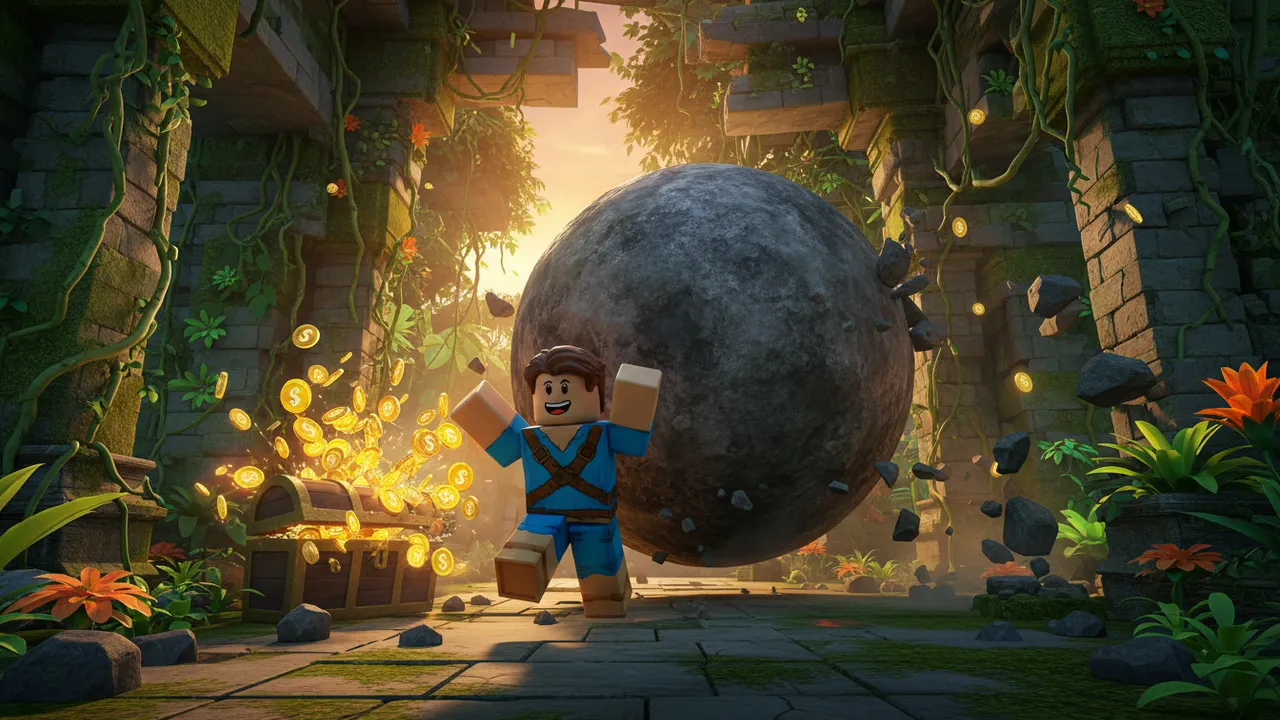 Funny style Roblox thumbnail of a player fleeing a boulder