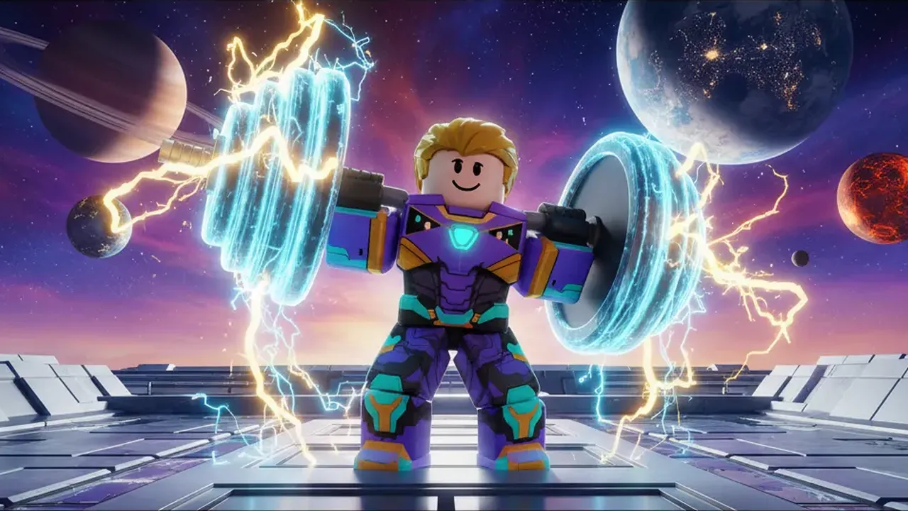 Roblox simulator thumbnail made with AI: a player lifting a glowing dumbbell in space