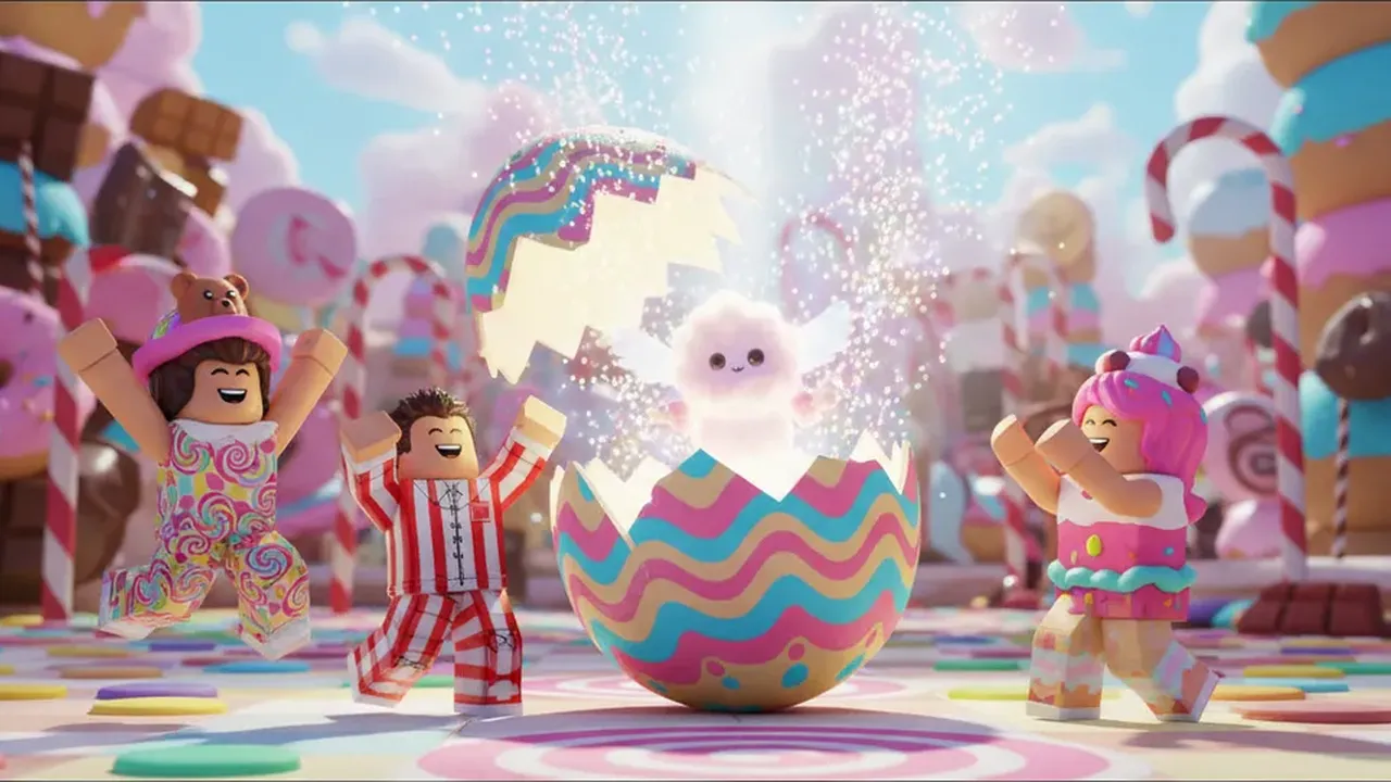 Roblox update thumbnail made with AI: a pet egg hatching in candy land